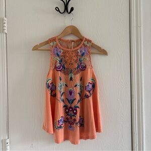 Free People Embroidered Crochet Tank Top Size Small Orange Boho Linen Blend